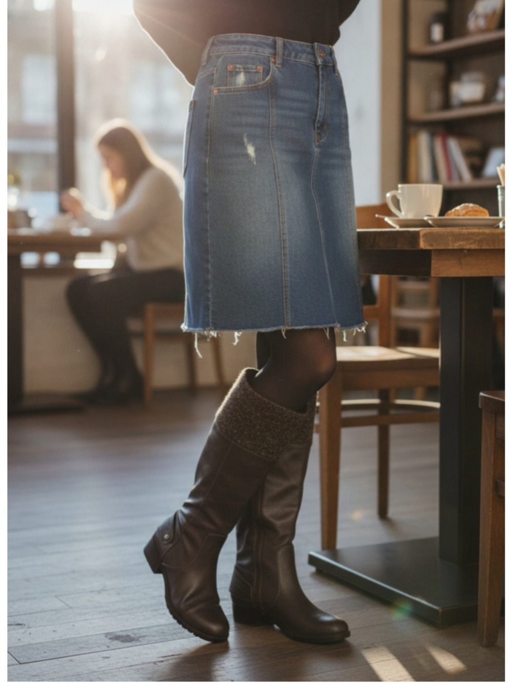 Women's Wide-Calf Charcoal Gray Knee-High Faux Leather Boots with Knit Cuff